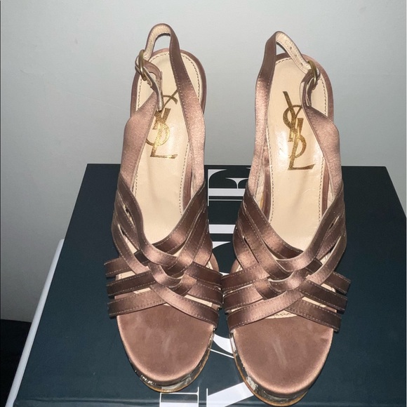 YSL Idole Metallic Gold Patent Leather Strappy Nude Caged Platform Wedges - Picture 2 of 3